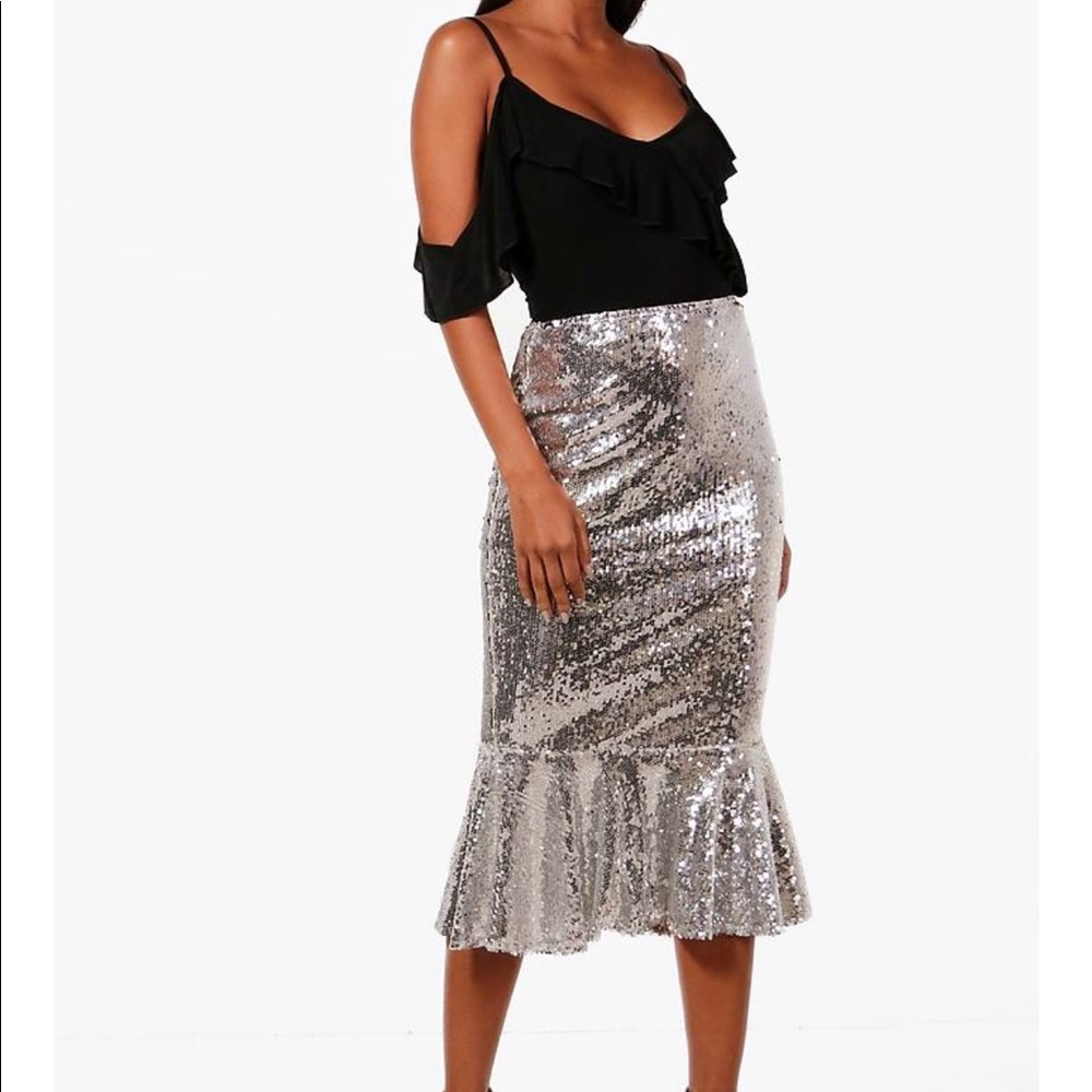 Sequin Ruffle Hem Midi Skirt